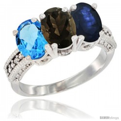 14K White Gold Natural Swiss Blue Topaz, Smoky Topaz & Blue Sapphire Ring 3-Stone 7x5 mm Oval Diamond Accent