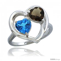 14k White Gold 2-Stone Heart Ring 6mm Natural Swiss Blue & Smoky Topaz Diamond Accent