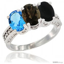 14K White Gold Natural Swiss Blue Topaz, Smoky Topaz & Black Onyx Ring 3-Stone 7x5 mm Oval Diamond Accent