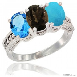 14K White Gold Natural Swiss Blue Topaz, Smoky Topaz & Turquoise Ring 3-Stone 7x5 mm Oval Diamond Accent