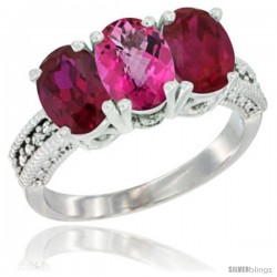 10K White Gold Natural Pink Topaz & Ruby Sides Ring 3-Stone Oval 7x5 mm Diamond Accent