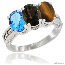 14K White Gold Natural Swiss Blue Topaz, Smoky Topaz & Tiger Eye Ring 3-Stone 7x5 mm Oval Diamond Accent