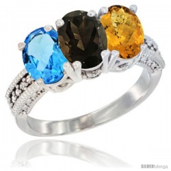 14K White Gold Natural Swiss Blue Topaz, Smoky Topaz & Whisky Quartz Ring 3-Stone 7x5 mm Oval Diamond Accent