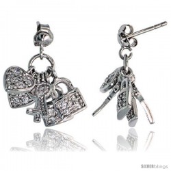 Sterling Silver Jeweled Post Earrings, w/ Heart Key Padlock & Cubic Zirconia, 7/8" (22 mm)