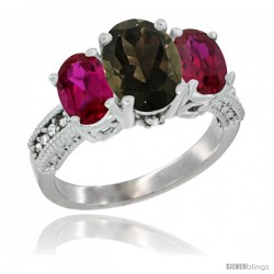 10K White Gold Ladies Natural Smoky Topaz Oval 3 Stone Ring with Ruby Sides Diamond Accent