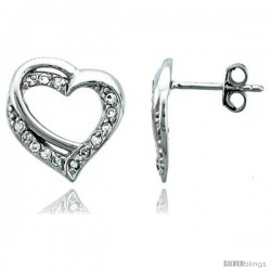 Sterling Silver Jeweled Heart Post Earrings, w/ Cubic Zirconia stones, 9/16 (15 mm)