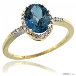 10k Yellow Gold Diamond London Blue Topaz Ring 1.17 ct Oval Stone 8x6 mm, 3/8 in wide