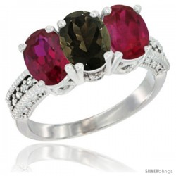 10K White Gold Natural Smoky Topaz & Ruby Sides Ring 3-Stone Oval 7x5 mm Diamond Accent