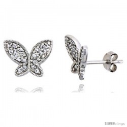 Sterling Silver Jeweled Butterfly Post Earrings w/ Cubic Zirconia stones, 3/8" (10 mm) -Style Te5742