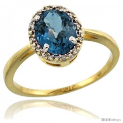 10k Yellow Gold Diamond Halo London Blue Topaz Ring 1.2 ct Oval Stone 8x6 mm, 1/2 in wide