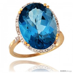 10k Yellow Gold Diamond Halo Large London Blue Topaz Ring 10.3 ct Oval Stone 18x13 mm, 3/4 in wide