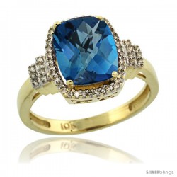 10k Yellow Gold Diamond Halo London Blue Topaz Ring 2.4 ct Cushion Cut 9x7 mm, 1/2 in wide