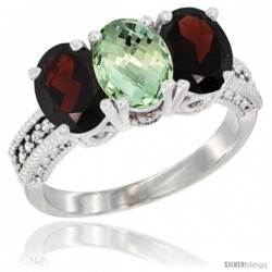 14K White Gold Natural Green Amethyst & Garnet Sides Ring 3-Stone 7x5 mm Oval Diamond Accent