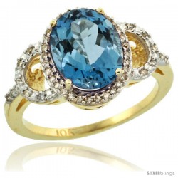 10k Yellow Gold Diamond Halo London Blue Topaz Ring 2.4 ct Oval Stone 10x8 mm, 1/2 in wide