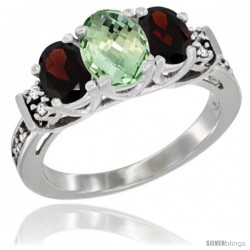 14K White Gold Natural Green Amethyst & Garnet Ring 3-Stone Oval with Diamond Accent