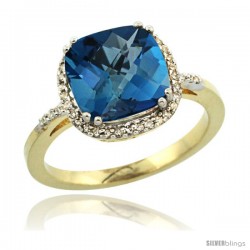 10k Yellow Gold Diamond London Blue Topaz Ring 3.05 ct Cushion Cut 9x9 mm, 1/2 in wide