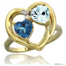 10k Yellow Gold 2-Stone Heart Ring 6mm Natural London Blue Topaz & Aquamarine