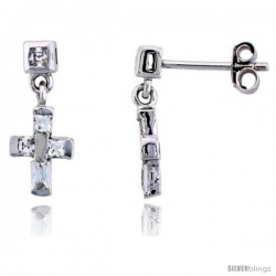 Sterling Silver Tiny Cross Dangle Earrings w/ Baguette & Brilliant Cut CZ Stones, 5/8" (16 mm) tall