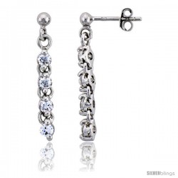 Sterling Silver Jeweled Dangling Post Earrings, w/ Round Cubic Zirconia, 1 1/8" (28 mm)