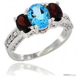 14k White Gold Ladies Oval Natural Swiss Blue Topaz 3-Stone Ring with Garnet Sides Diamond Accent