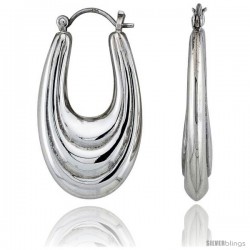 Sterling Silver High Polished Long Oval Hoop Earrings, 1 7/16" Long