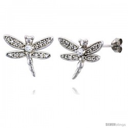 Sterling Silver Jeweled Dragonfly Post Earrings, w/ Cubic Zirconia stones, 3/4" (19 mm)