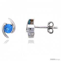 Sterling Silver Stud Earrings w/ Brilliant Cut Blue Topaz-colored CZ Stones, 3/8" (10 mm) tall