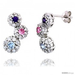 Sterling Silver Graduated Flower Earrings w/ Brilliant Cut Amethyst-colored, Pink Tourmaline-colored & Blue Topaz-colored CZ