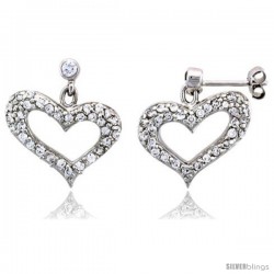 Sterling Silver Jeweled Heart Post Earrings, w/ Cubic Zirconia stones, 7/8" (22 mm)