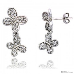 Sterling Silver Jeweled Butterfly Post Earrings, w/ Cubic Zirconia stones, 15/16" (24 mm)