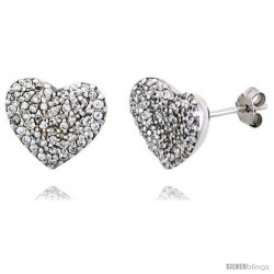 Sterling Silver Heart Stud Earrings w/ Brilliant Cut CZ Stones, 1/2" (13 mm) tall