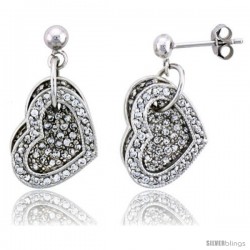 Sterling Silver Jeweled Heart Post Earrings, w/ Cubic Zirconia stones, 11/16" (17 mm)