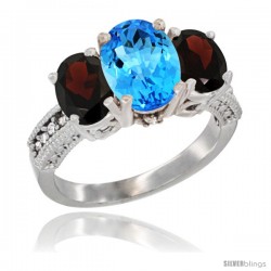 14K White Gold Ladies 3-Stone Oval Natural Swiss Blue Topaz Ring with Garnet Sides Diamond Accent