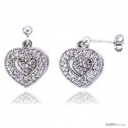 Sterling Silver Jeweled Heart Post Earrings w/ Cubic Zirconia stones, 5/8" (16 mm)