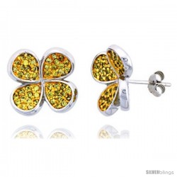 Sterling Silver Clover Flower Stud Earrings w/ Brilliant Cut Yellow Topaz-colored CZ Stones, 5/8" (16 mm) tall