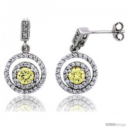 Sterling Silver Circle Dangle Earrings w/ Brilliant Cut Yellow Topaz-colored CZ Stones, 15/16" (24 mm) tall