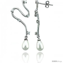 Sterling Silver Jeweled Cubic Zirconia Spiral Post Earrings w/ Faux Pearl Drop, 1 9/16 (40 mm)