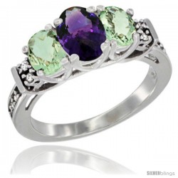 14K White Gold Natural Amethyst & Green Amethyst Ring 3-Stone Oval with Diamond Accent