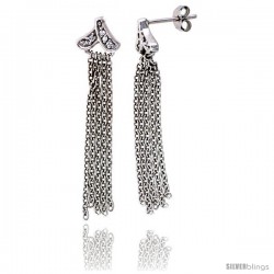 Sterling Silver Jeweled Post Earrings, w/ Rolo Chain & Cubic Zirconia, 1 11/16" (43 mm)