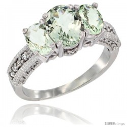 14k White Gold Ladies Oval Natural Green Amethyst 3-Stone Ring Diamond Accent