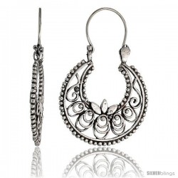 Sterling Silver Filigree Bali Earrings w/ Beads & Floral Design, 1 3/8" (36 mm) tall