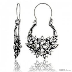 Sterling Silver Filigree Bali Earrings w/ Beads & Floral Flames, 1 5/16" (34 mm) tall