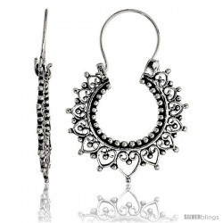 Sterling Silver Filigree Bali Earrings w/ Beads & Heart Cut Outs, 1 1/4" (32 mm) tall