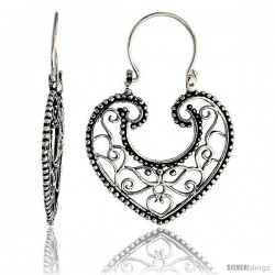 Sterling Silver Filigree Heart Bali Earrings w/ Beads & Tribal Design, 1 3/8" (35 mm) tall