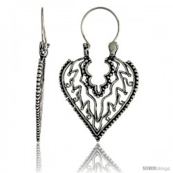 Sterling Silver Filigree Heart Bali Earrings w/ Beads & Flames, 1 1/2" (38 mm) tall