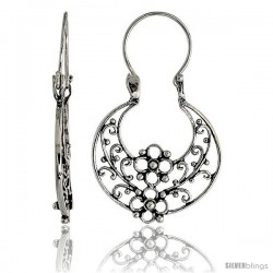 Sterling Silver Filigree Bali Earrings w/ Beads & Floral Cut Outs, 1 5/16" (34 mm) tall