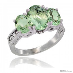 14K White Gold Ladies 3-Stone Oval Natural Green Amethyst Ring Diamond Accent