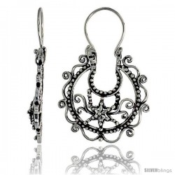 Sterling Silver Filigree Bali Earrings w/ Beads & Tribal Pattern, 1 3/16" (31 mm) tall