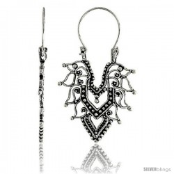 Sterling Silver Filigree Bali Earrings w/ Beads & Tribal Pattern, 1 3/8" (35 mm) tall