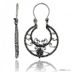 Sterling Silver Filigree Bali Earrings w/ Beads & Swirls, 1 3/8" (36 mm) tall